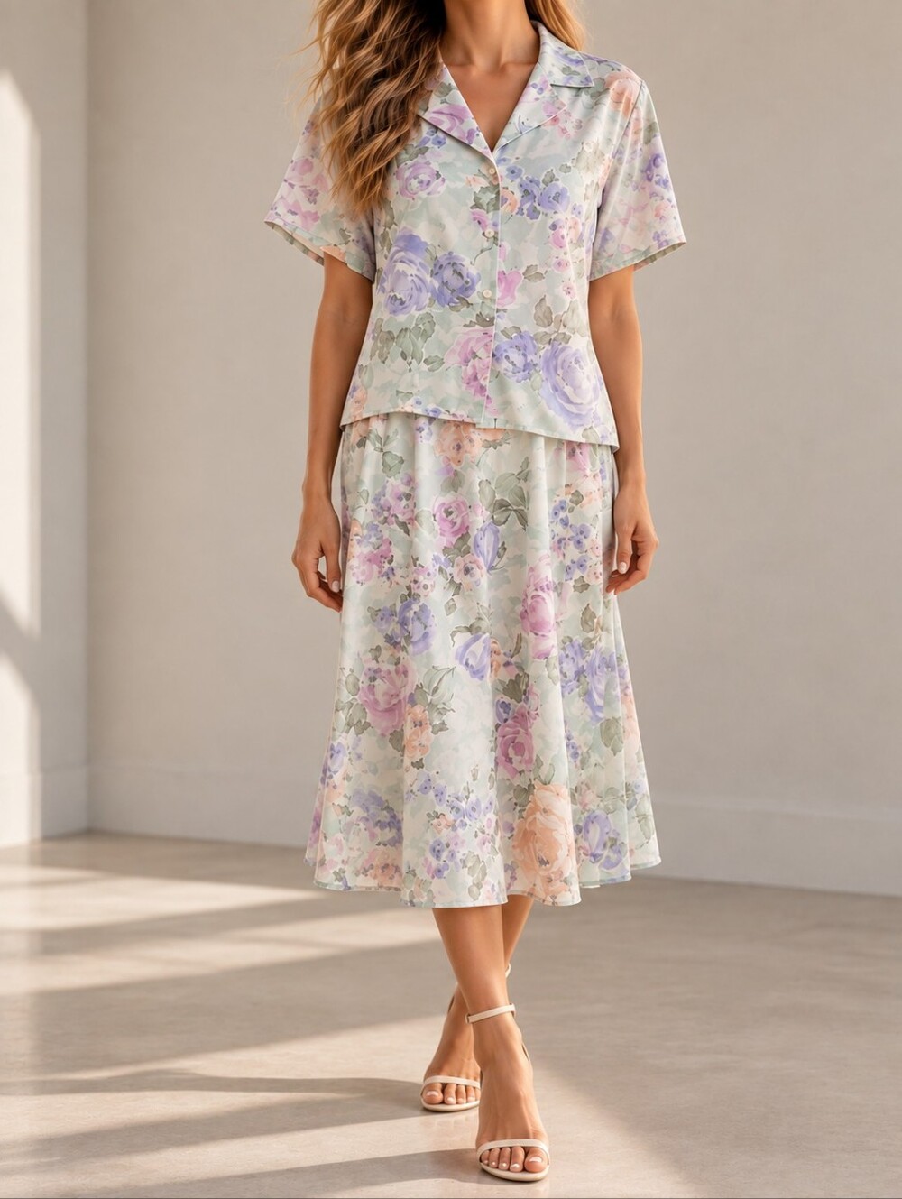 Vintage Pastel Floral Two Piece Blouse Midi Skirt Set Watercolor Cottagecore